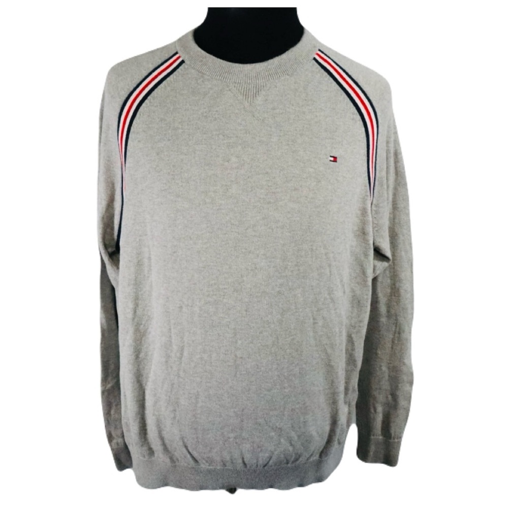TOMMY HILFIGER Gray Logo Crewneck Sweater Sz M Sport Stripe Raglan Preppy - Picture 13 of 15
